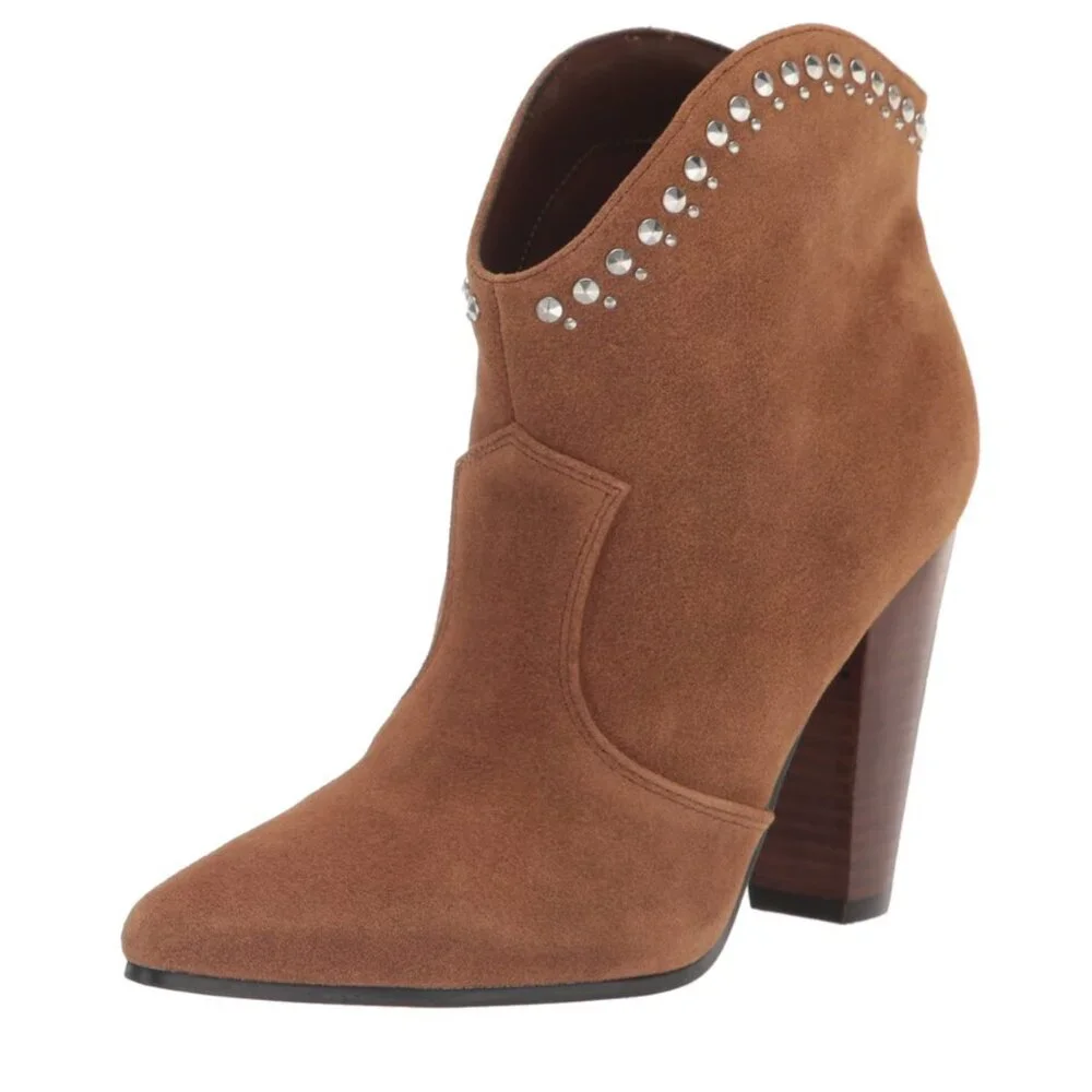 NEW $159 Nine West Women's SERA Ankle Boot Suede Leather Studded Brown 8.5